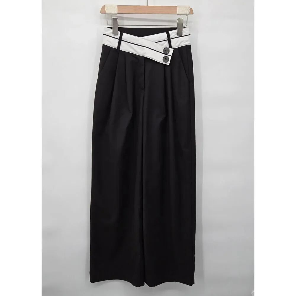 Commense Asymmetrical Waist Wide Leg Pants Size XS Black White Trousers